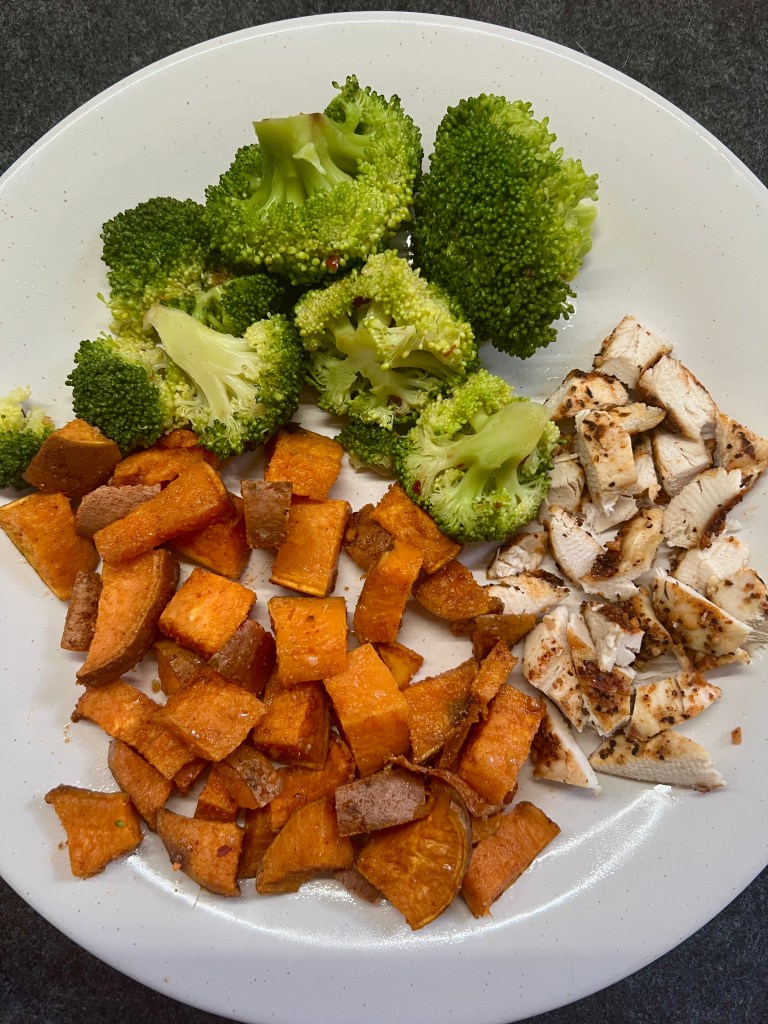 Chicken, sweet potatoes, broccoli