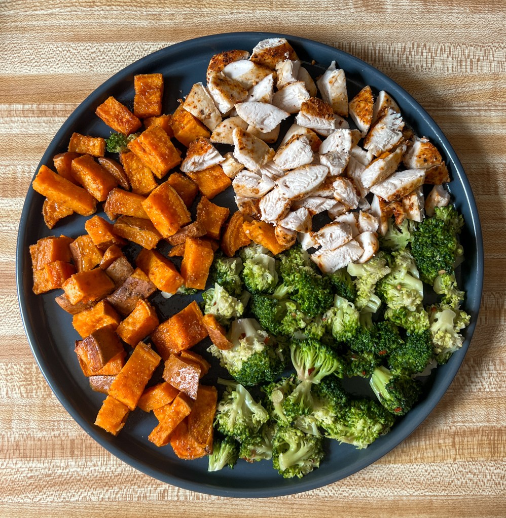 chicken, broccoli, and sweet potatoes