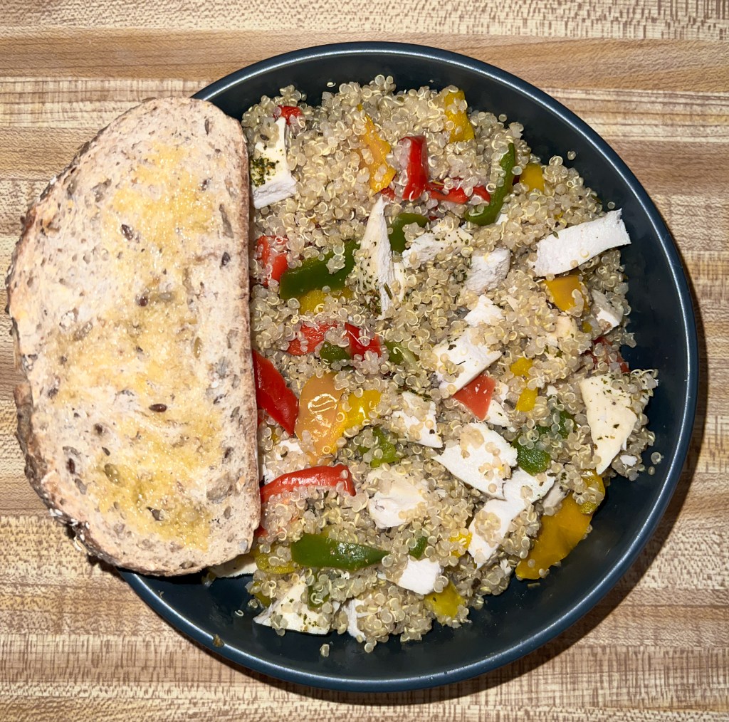 Chicken, quinoa, peppers, and bread