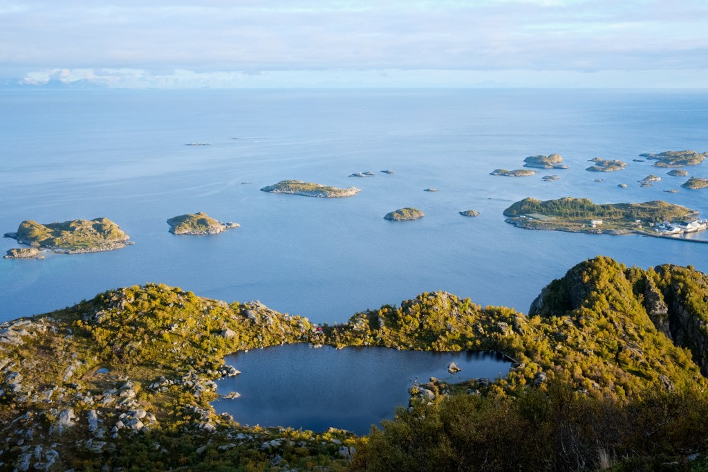 A panoramic view of a calm ocean with multiple small islands and a rocky shore, framed by lush greenery and a clear sky.